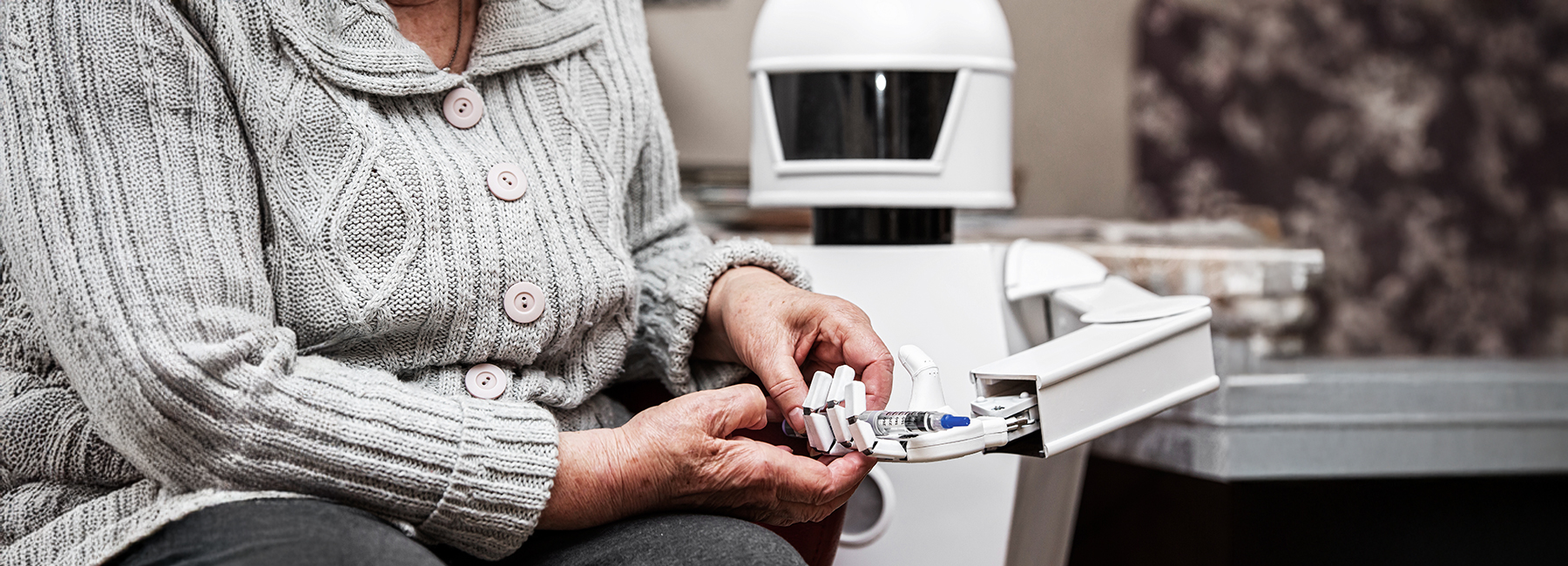 autonomous caregiver robot is holding a insulin syringe, giving it to an senior adult woman in her living room, concept ambient assisted living