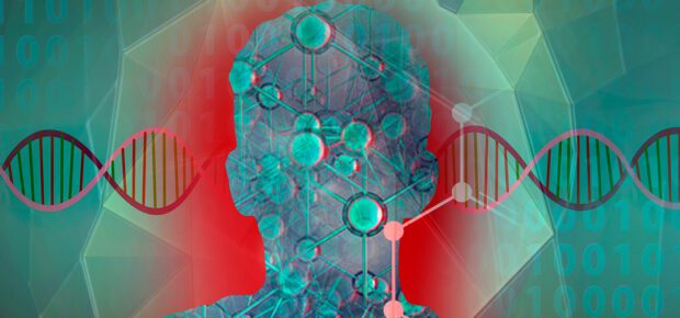 Concept illustration of binary numbers, double helix, and molecular structure with a human form