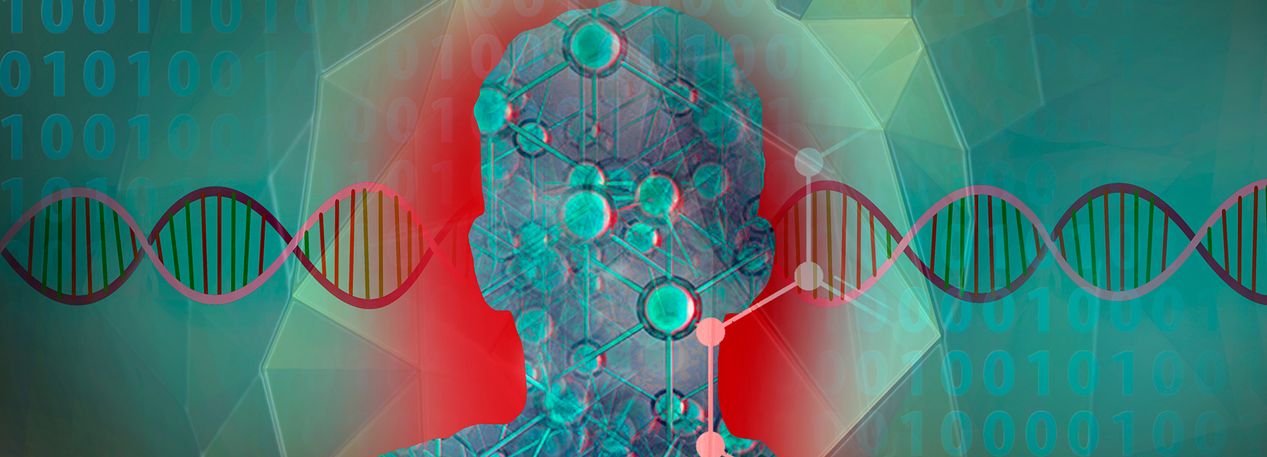 Concept illustration of binary numbers, double helix, and molecular structure with a human form